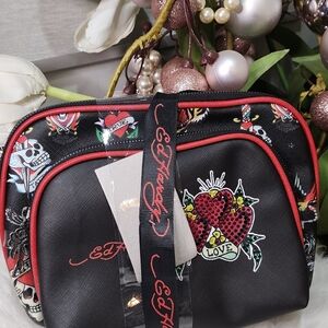Ed Hardy Rhinestone Heart Cometic Bag Duo NWT